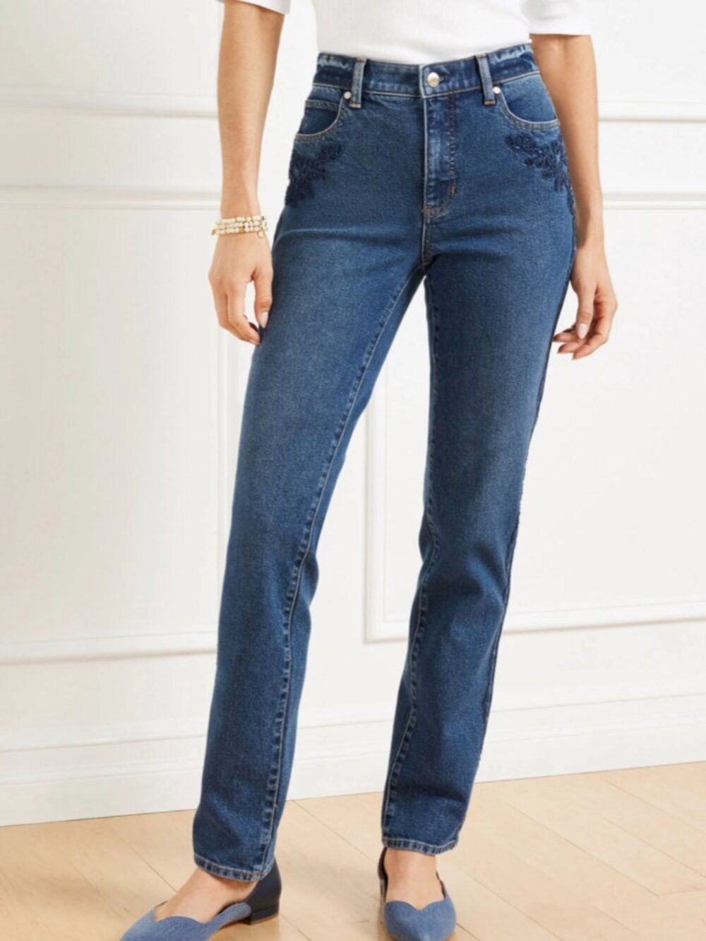 NWT TALBOTS Ivy Embroidery Wash Straight Leg Jeans Sz 12 Petite